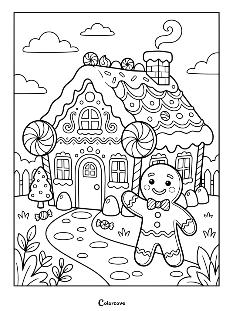 Dibujo para colorear de un alegre personaje de galleta de Pan De Jengibre saludando frente a una casa de caramelos escarchada