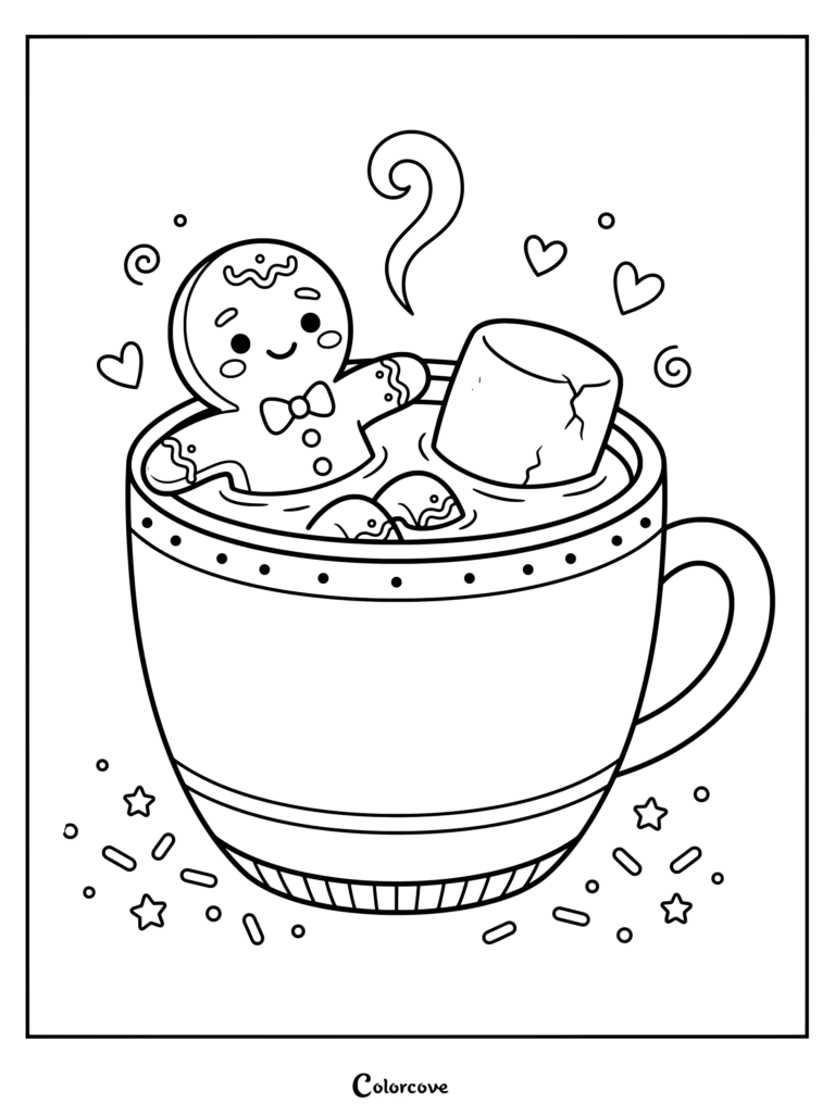 Dibujo para colorear de Pan De Jengibre que presenta a un personaje relajándose en una gran taza de chocolate con malvaviscos.