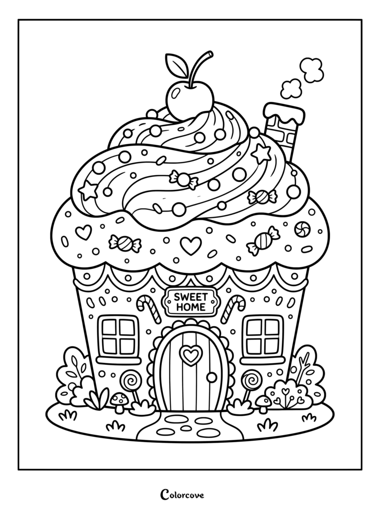 Dibujo para colorear de una casa de Pan De Jengibre con forma de magdalena gigante, tejado de cereza y decoraciones de caramelo.