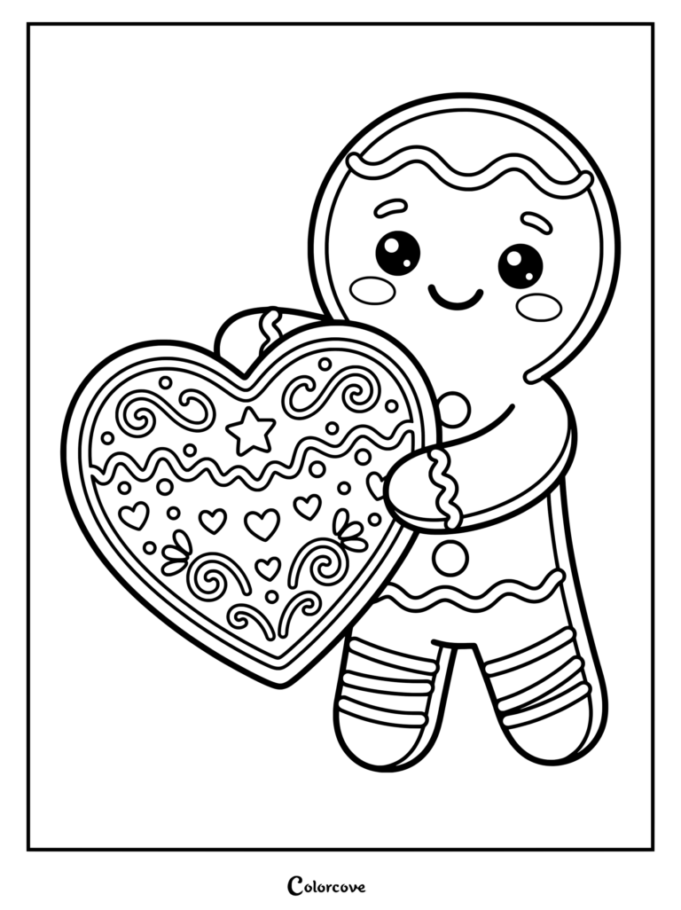 Lindo dibujo para colorear de un Pan De Jengibre sosteniendo un corazón decorado.
