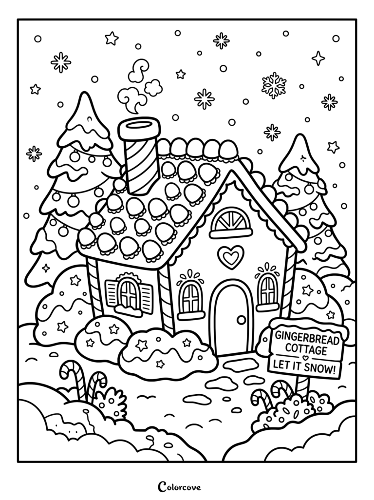 Dibujo para colorear de una cabaña de Pan De Jengibre nevada con tejas de caramelo y árboles decorados.