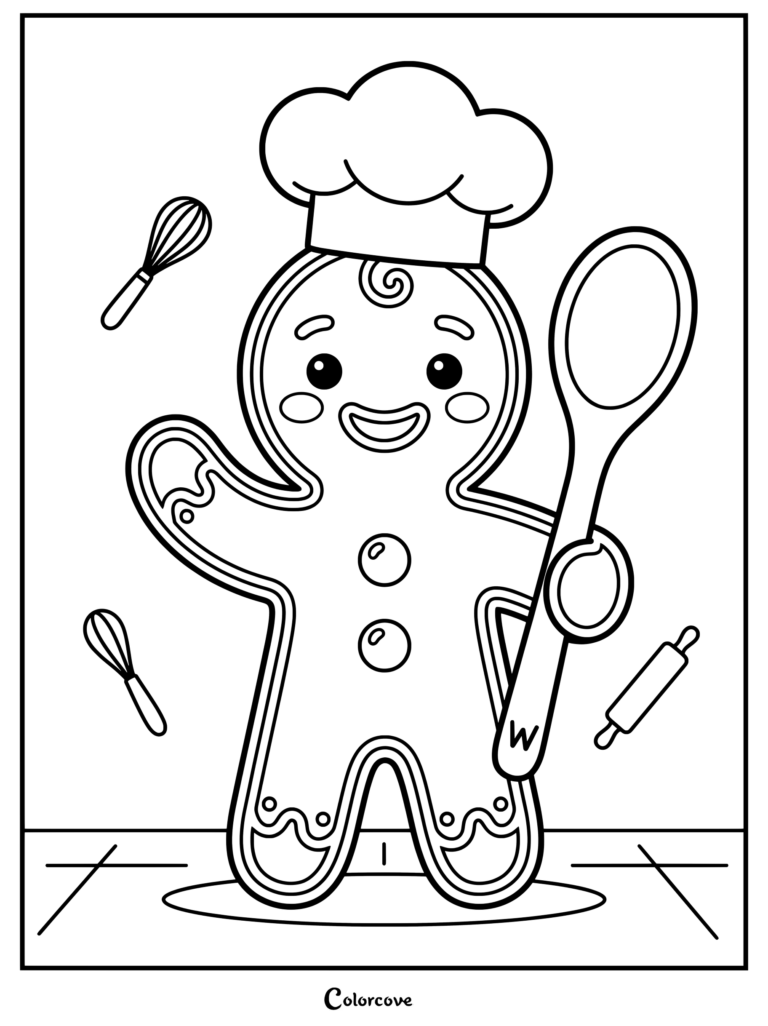 Dibujo para colorear de Pan De Jengibre que presenta a un chef sonriente con un gorro de cocina y sosteniendo una gran cuchara de madera con utensilios de repostería flotando alrededor.