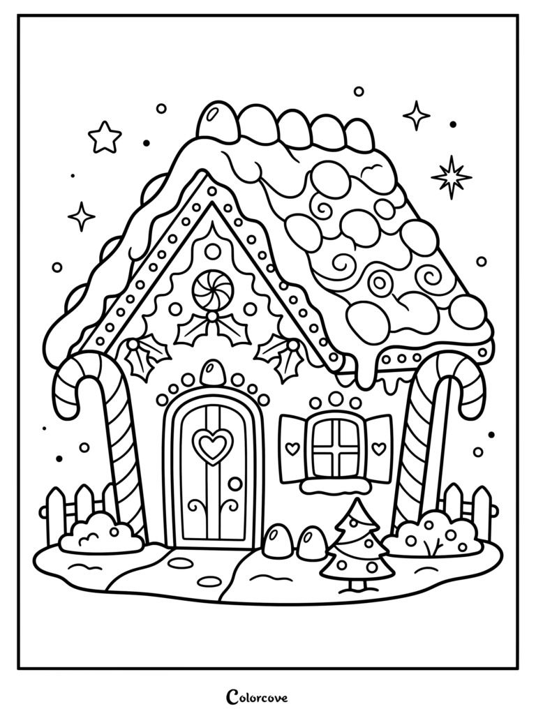 Sweet cottage decorated with frosting and candy.