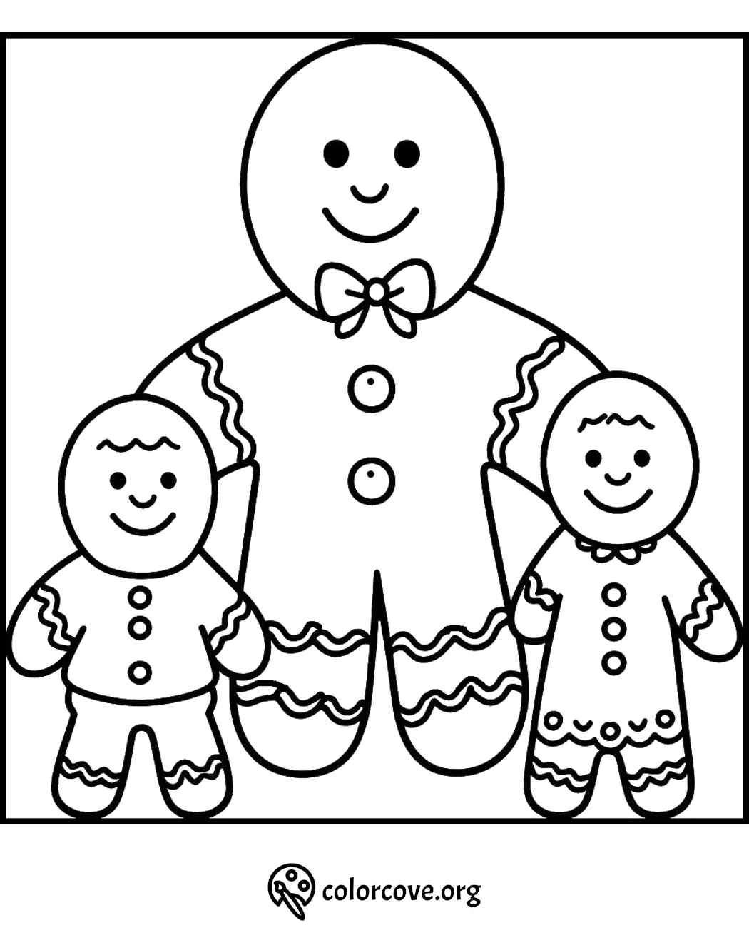 Gingerbread family coloring page, featuring three smiling cookie characters for a fun and creative activity.