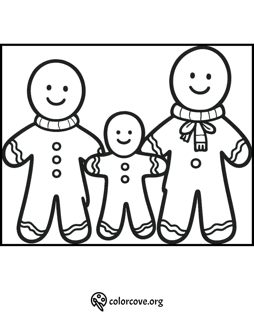 Gingerbread family coloring page with three smiling cookie figures. Perfect for holiday crafts and kids' activities.