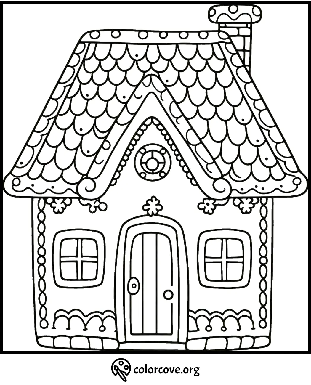 Whimsical house coloring page with detailed roof and windows, perfect for kids to unleash creativity.