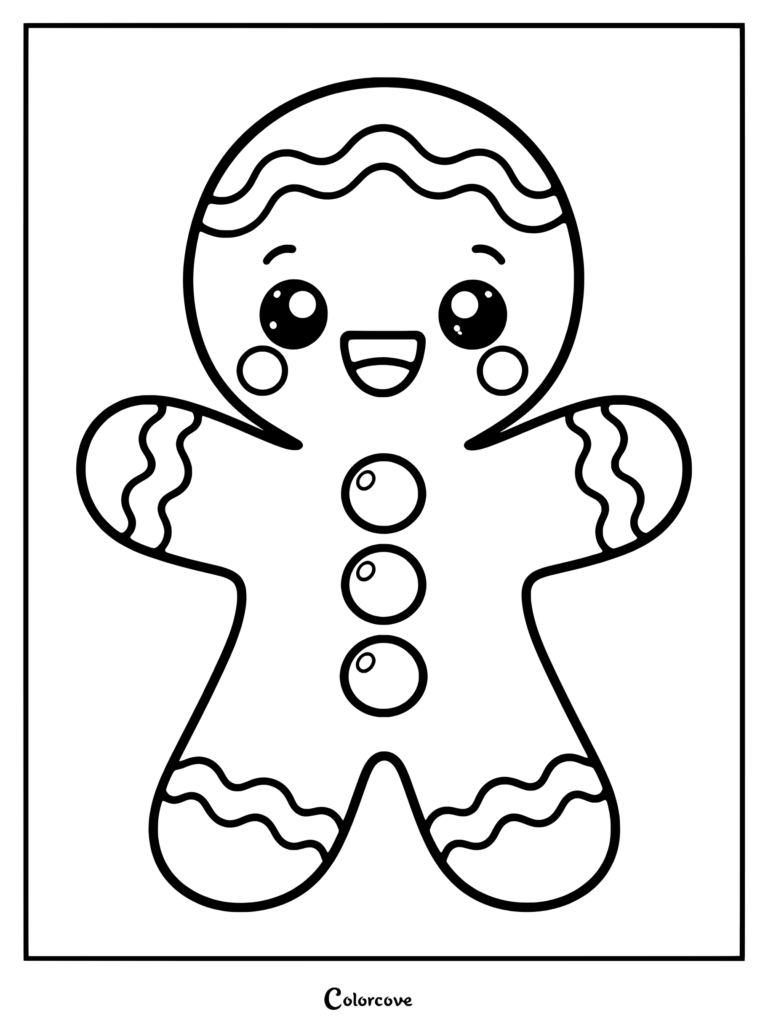 Lindo dibujo para colorear de Pan De Jengibre estilo kawaii que presenta una galleta feliz con glaseado y botones de caramelo.
