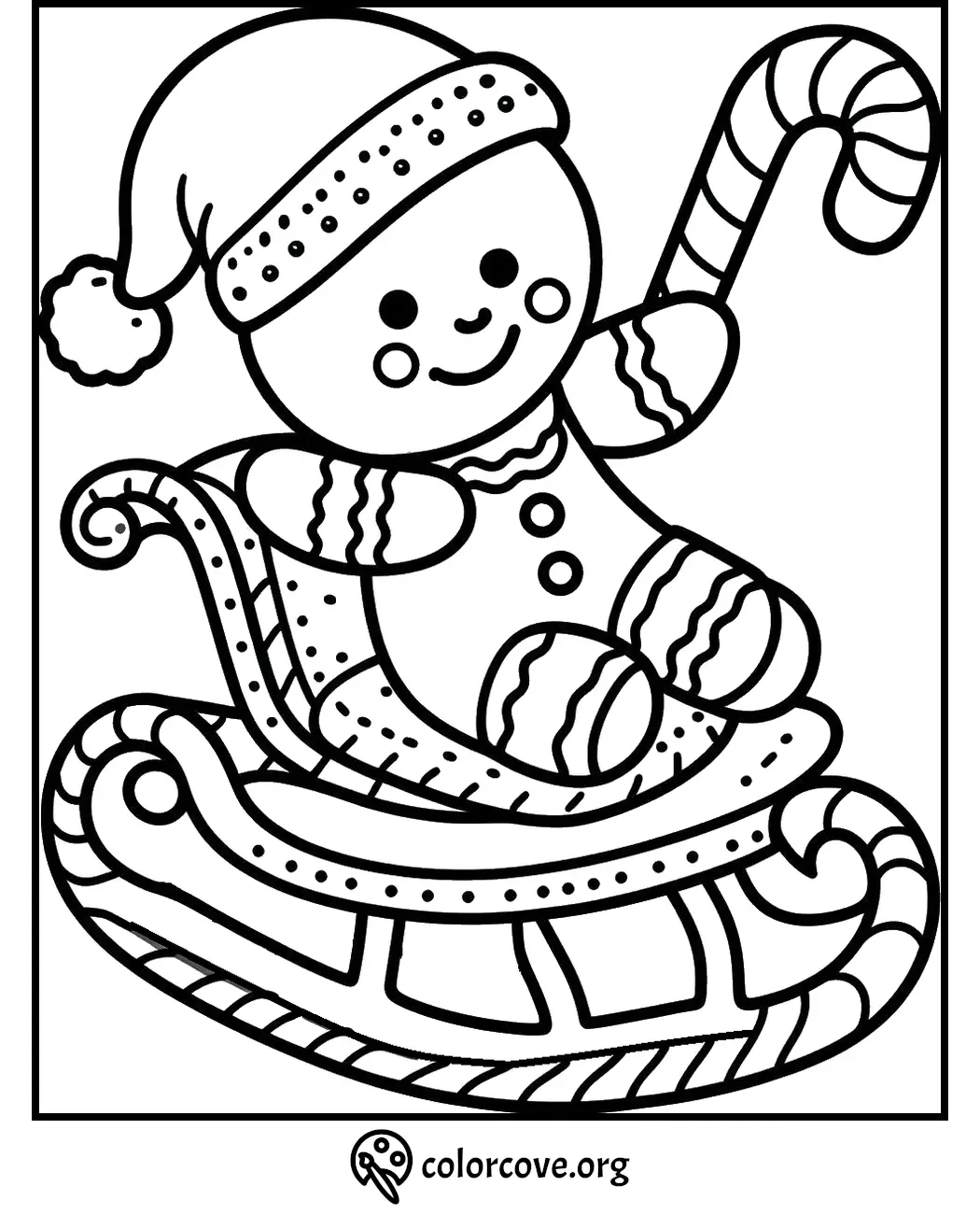 Cheerful gingerbread man on a sled coloring page with a candy cane and Santa hat. Perfect for holiday fun!