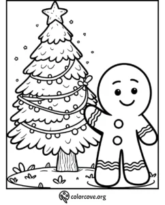 Gingerbread man and Christmas tree coloring page, perfect for holiday crafts and festive creativity.