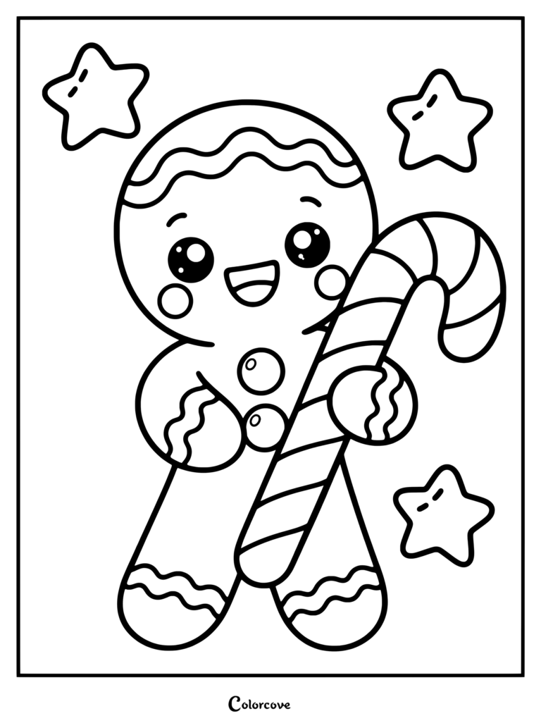 Lindo dibujo para colorear de un Pan De Jengibre sosteniendo un bastón de caramelo rodeado de estrellas
