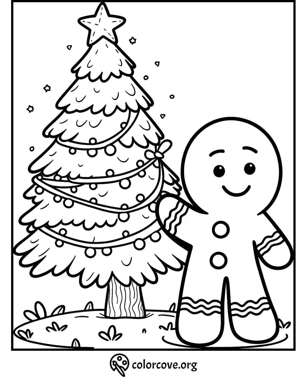 Gingerbread man and Christmas tree coloring page, perfect for holiday crafts and festive creativity.