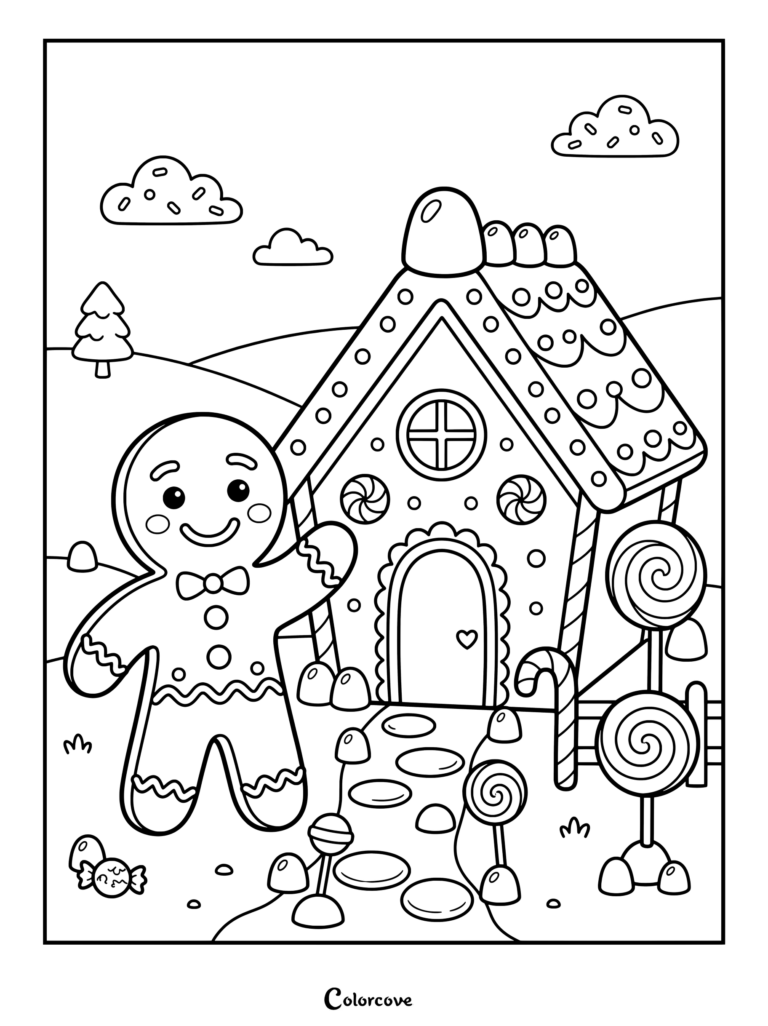 Una amigable galleta sonriente de Pan De Jengibre saluda fuera de una casa de caramelos en este dibujo imprimible gratuito para colorear de Pan De Jengibre.