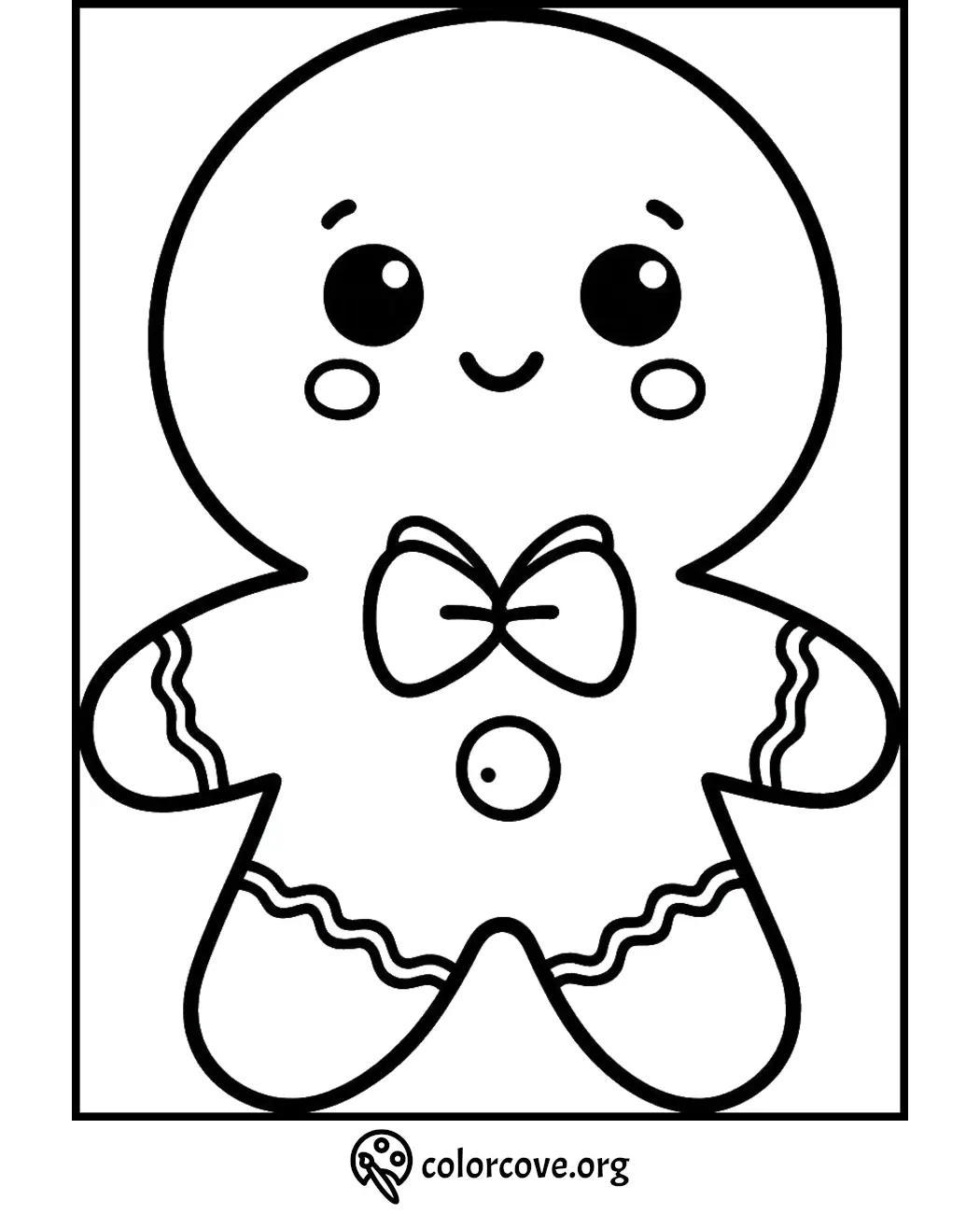 Cute gingerbread man coloring page with bow tie and decorative icing. Perfect for holiday crafts and kids' activities.