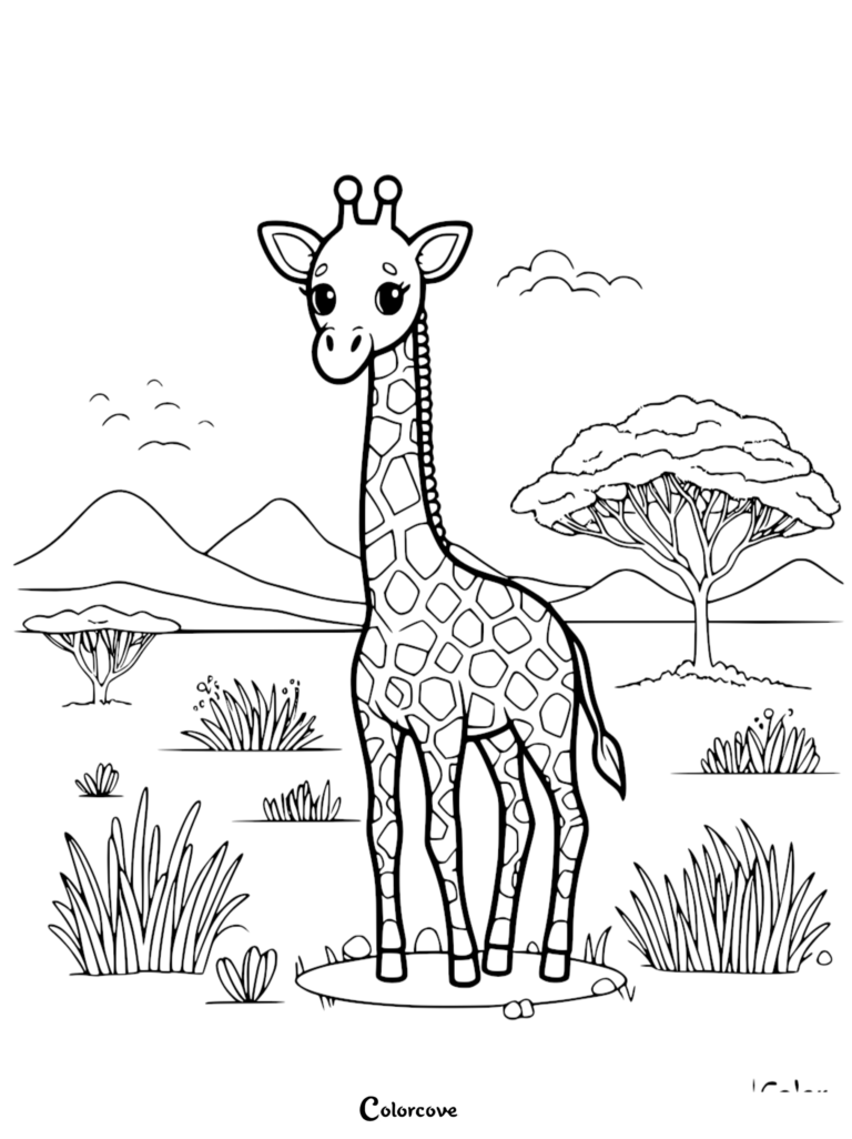 Una linda jirafa de pie en la sabana en una hoja de página para colorear gratuita para imprimir.