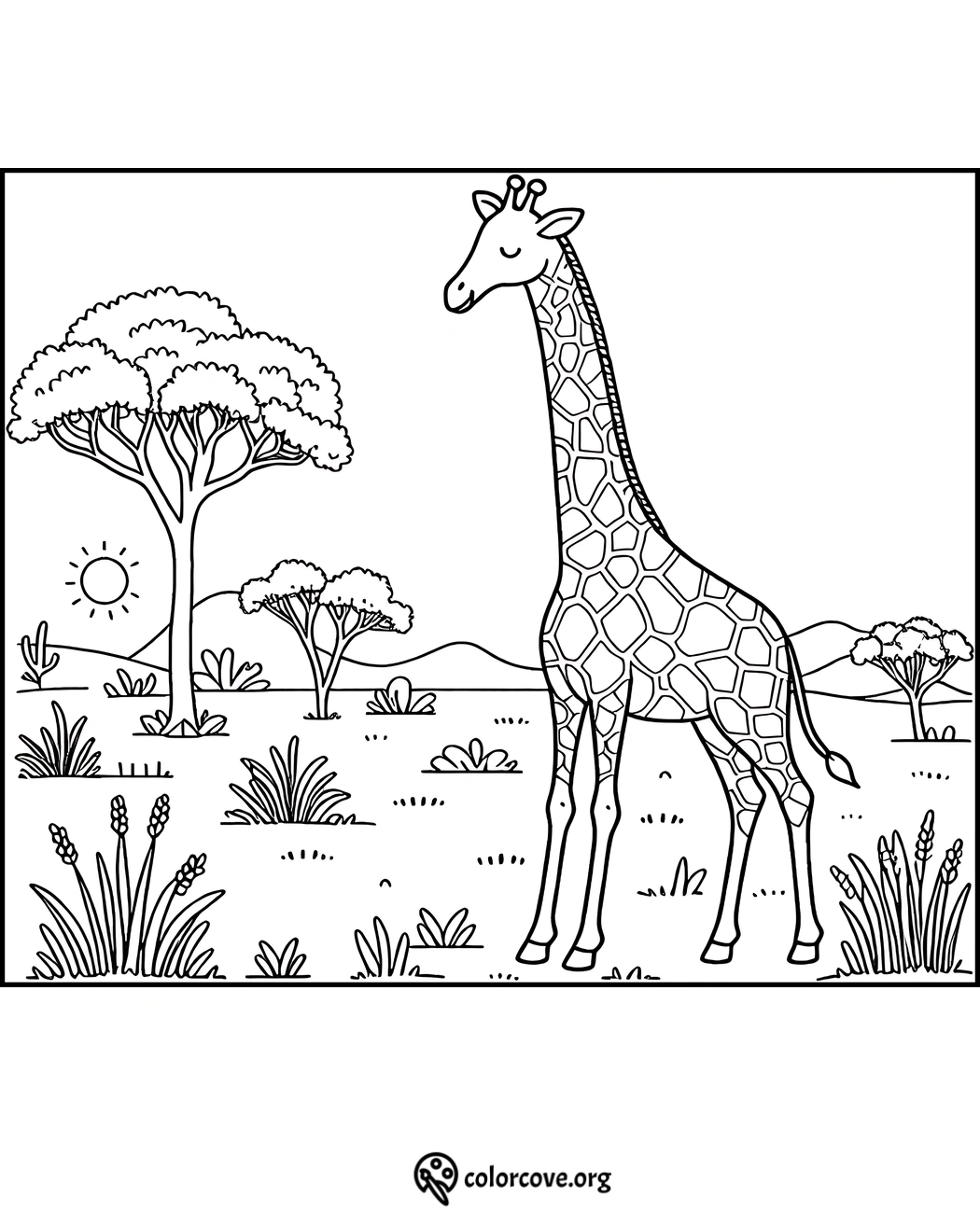 Giraffe coloring page for kids, featuring a giraffe in a savanna with trees, grass, and the sun in the background. Printable.