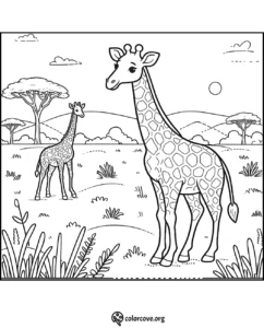 Giraffe coloring page featuring two giraffes in a savanna landscape with trees and hills at colorcove.org.