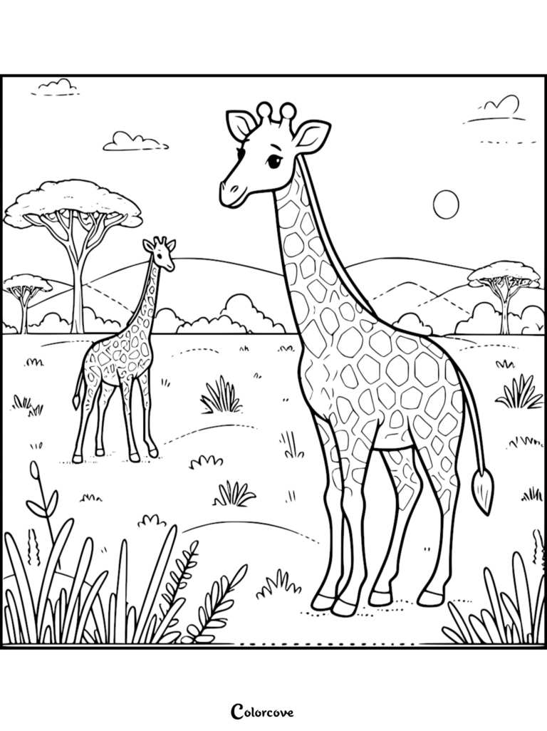 Una página para colorear imprimible que muestra a una madre jirafa y su cría de pie en un paisaje soleado de la sabana africana.