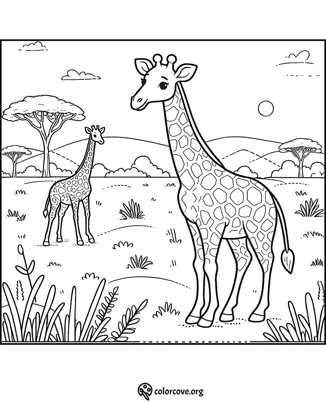 Giraffe coloring page featuring two giraffes in a savanna landscape with trees and hills at colorcove.org.