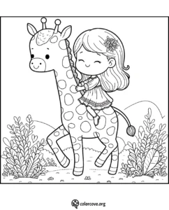 Cute girl happily riding a giraffe coloring page for kids featuring nature background. Ideal for children's creative activities.