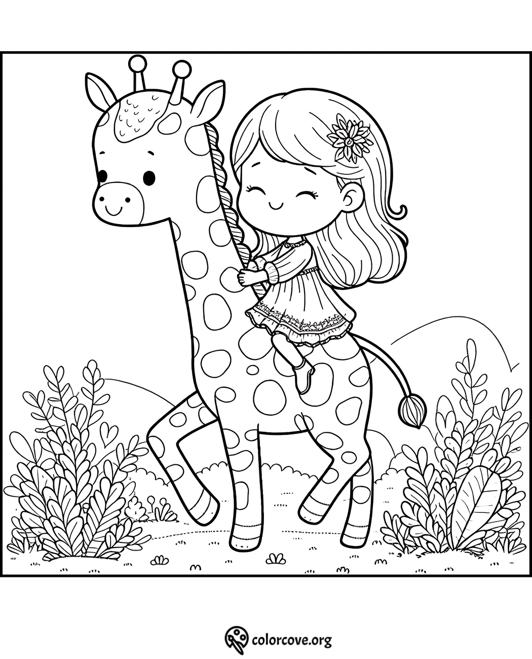 Cute girl happily riding a giraffe coloring page for kids featuring nature background. Ideal for children's creative activities.