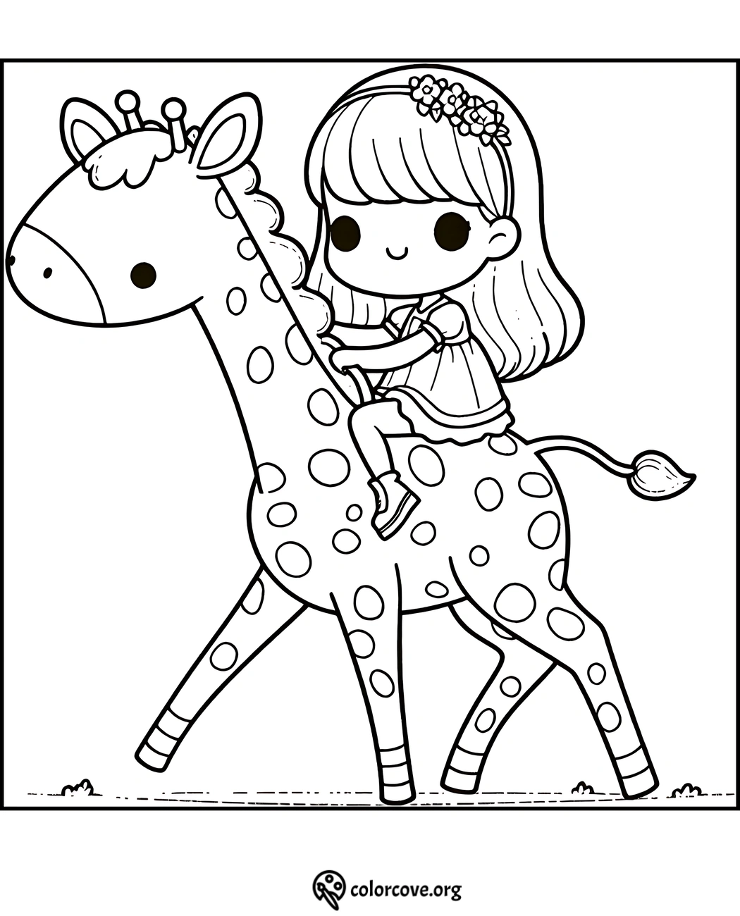 Cute girl riding a giraffe coloring page for kids, featuring playful design elements and easy-to-color sections.