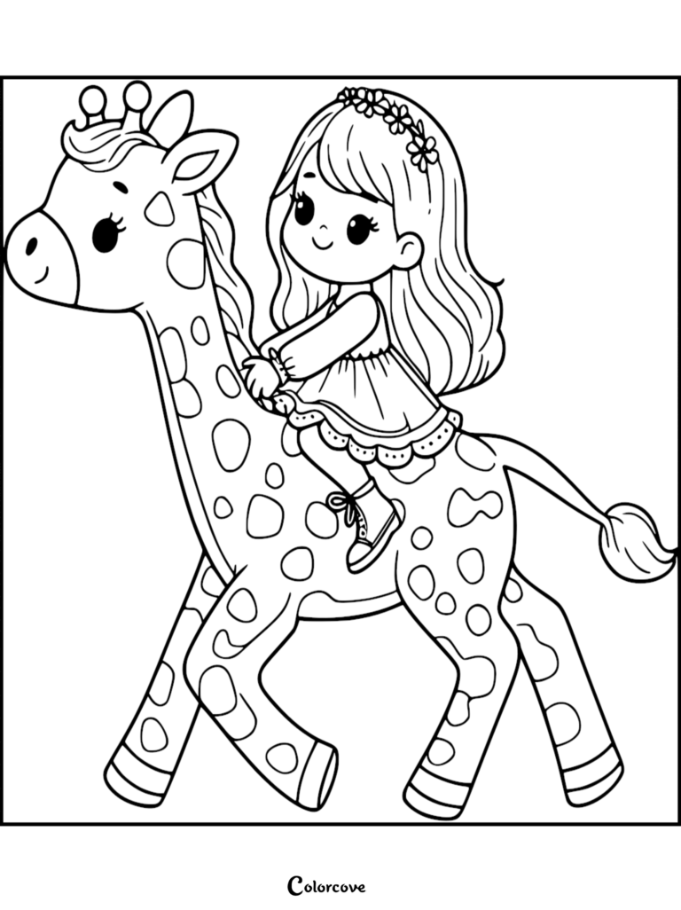 Una linda niña con una corona de flores montada en una jirafa con manchas en esta página para colorear imprimible.