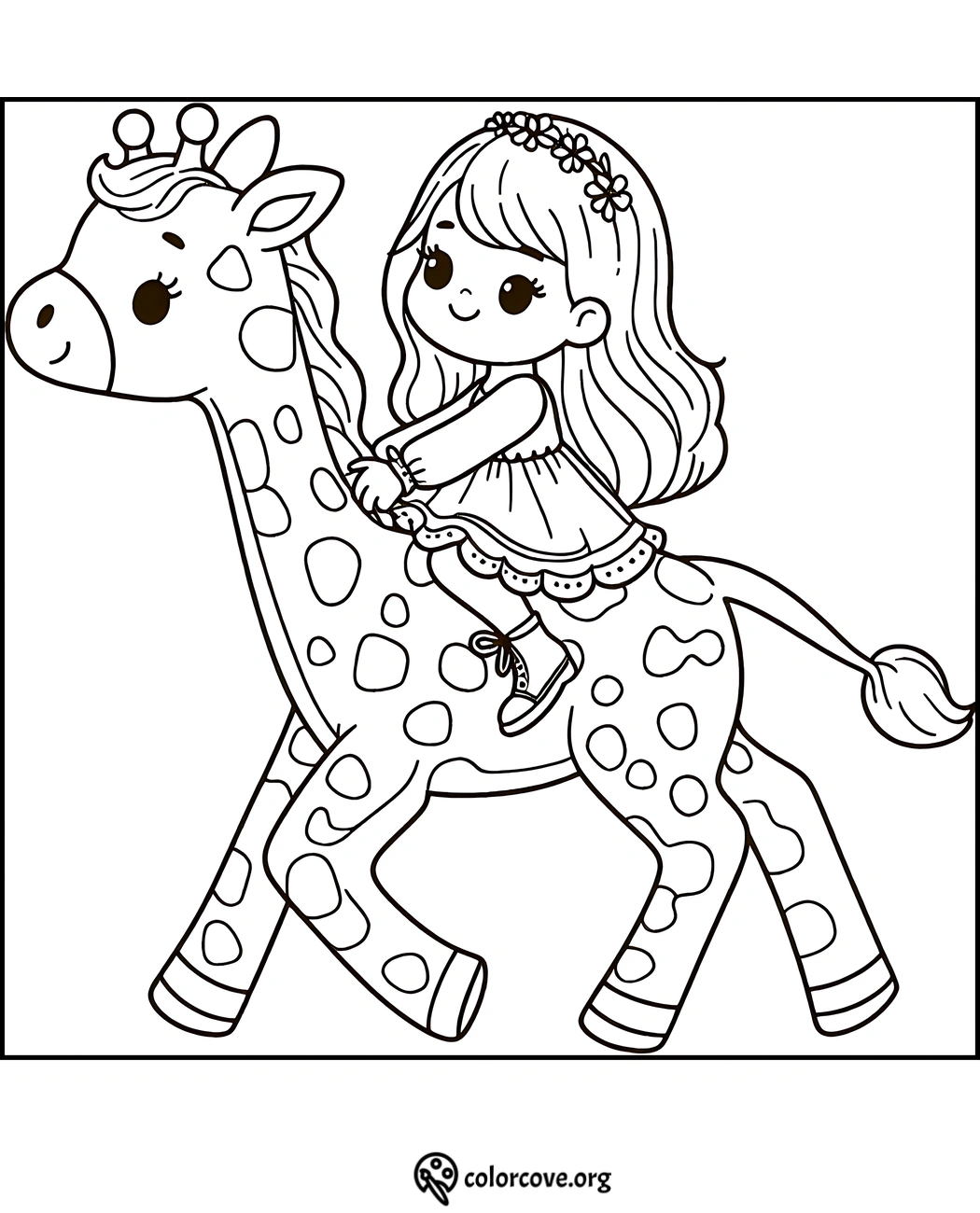 Cute coloring page of a girl riding a giraffe, perfect for kids to color. Download and print for free at colorcove.org.