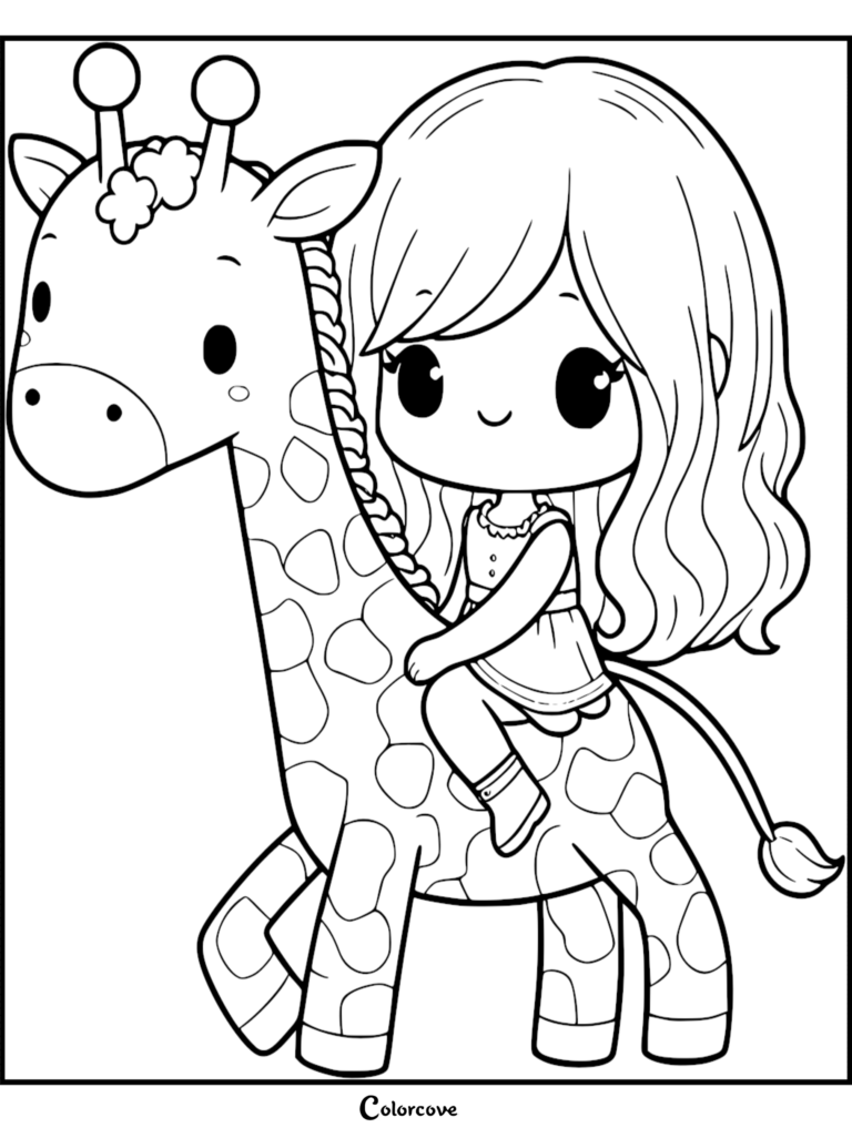 Una linda niña chibi montada en la espalda de una jirafa amigable en esta hoja para colorear imprimible 18.