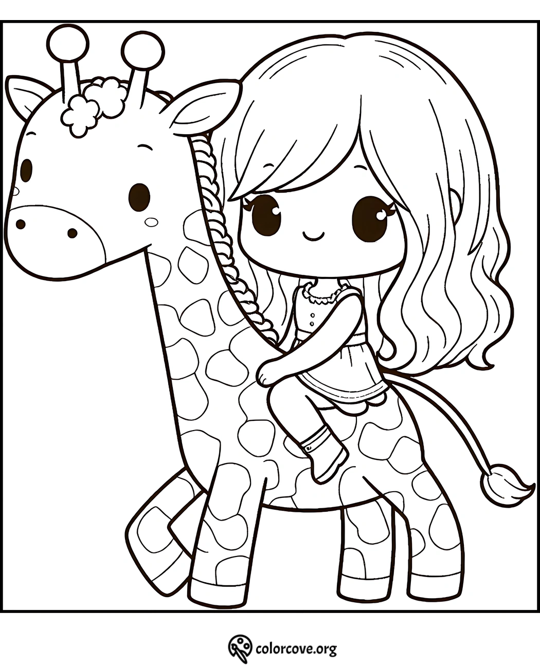 Cute girl riding a giraffe coloring page for kids, adorable cartoon illustration, free download at colorcove.org.