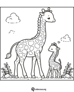 Giraffe and baby giraffe coloring page with clouds and plants in the background from colorcove.org. Adorable giraffes to color.