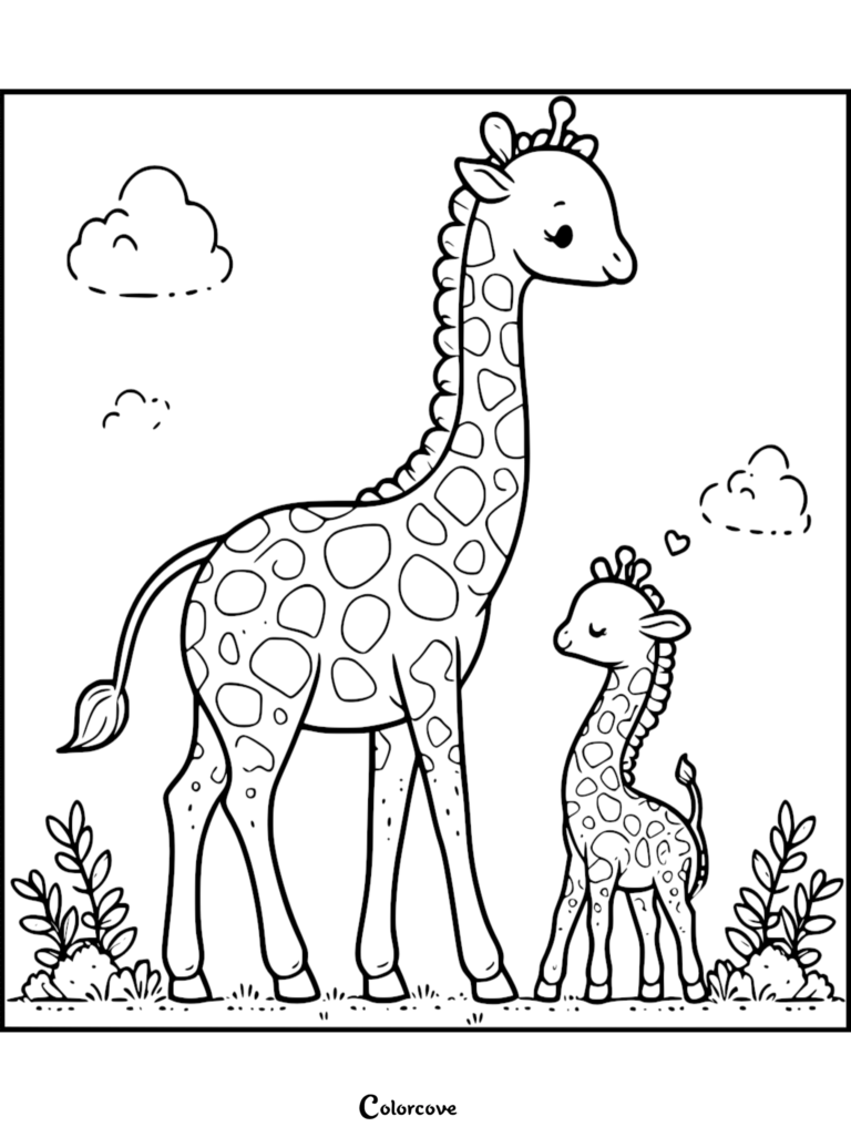 Una madre jirafa y su cría de pie juntas en un campo en esta linda página para colorear de una jirafa.