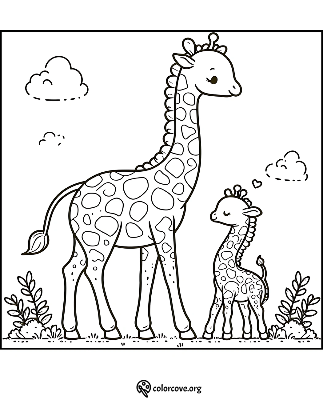 Giraffe and baby giraffe coloring page with clouds and plants in the background from colorcove.org. Adorable giraffes to color.