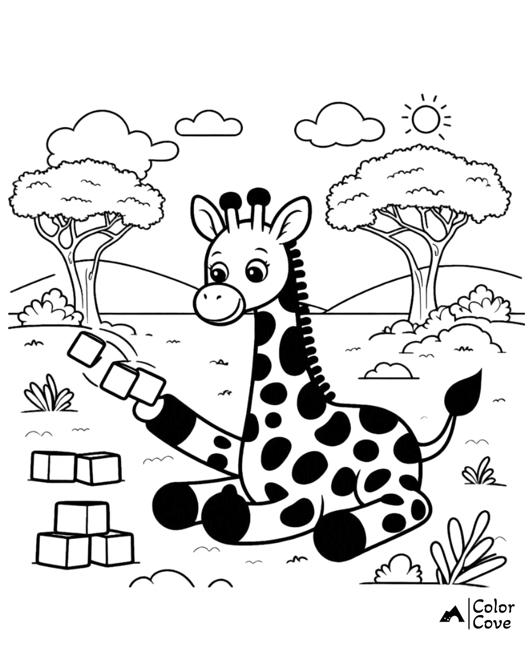 a giraffe sitting on a field with blocks