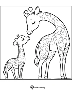 Giraffe coloring page: cute baby giraffe with its mother, playful and fun for kids' creative coloring activities.