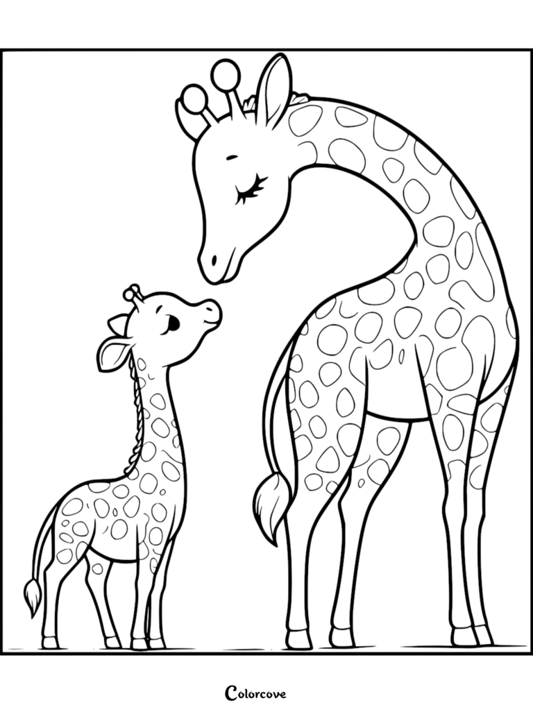 Una madre jirafa y su cría acurrucándose en esta página para colorear imprimible de jirafas.