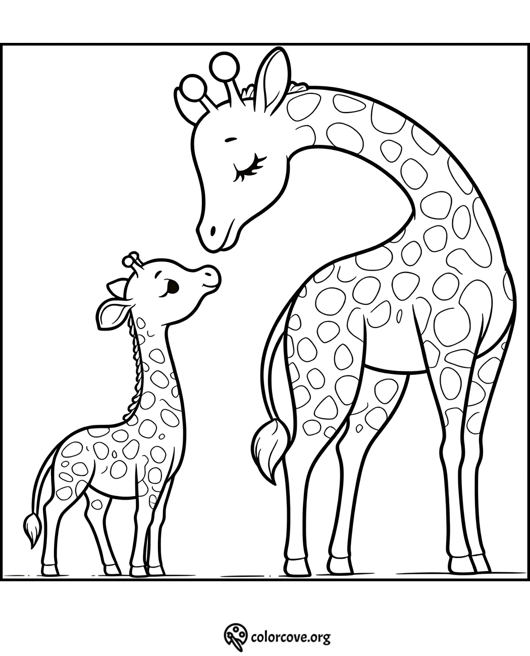 Giraffe coloring page: cute baby giraffe with its mother, playful and fun for kids' creative coloring activities.