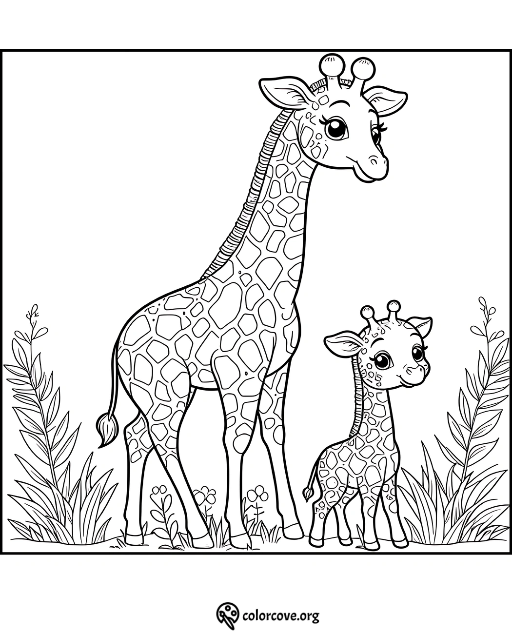 Giraffe coloring page featuring a mother and baby giraffe standing among plants in a nature scene. Colorcove.org logo included.