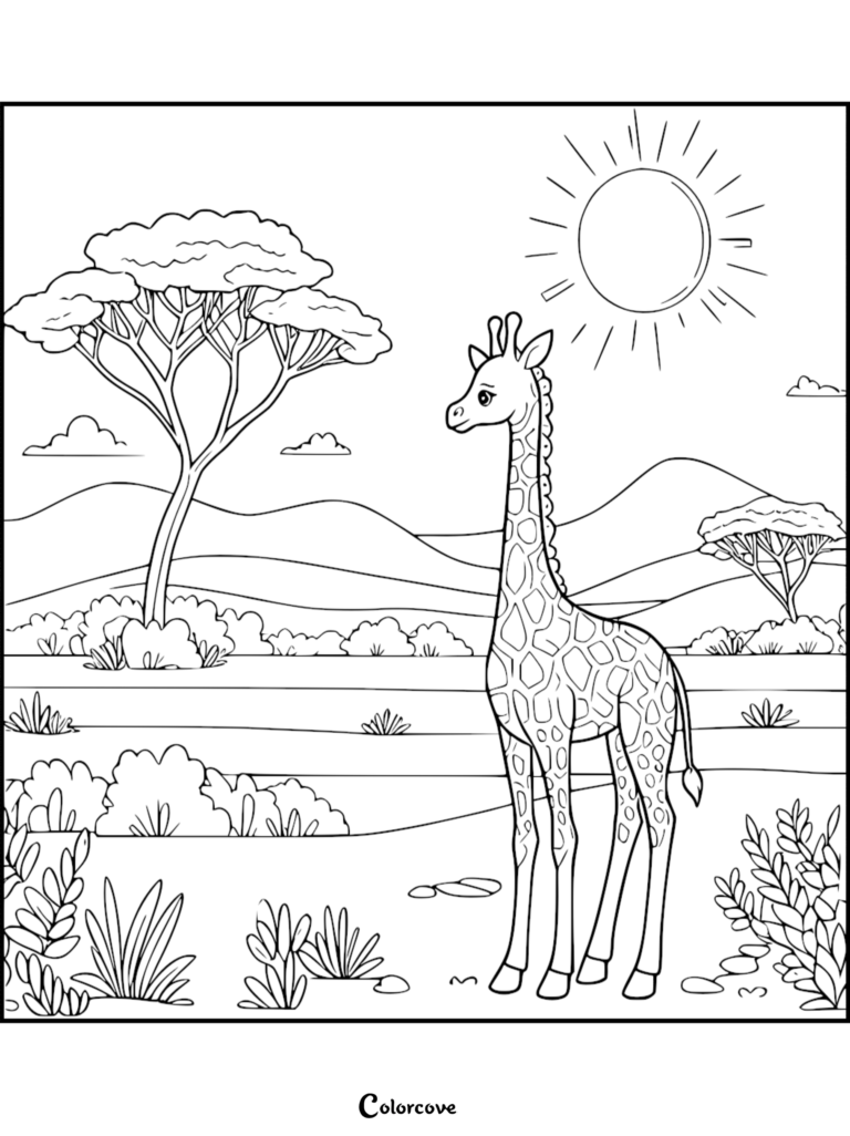 Una linda jirafa de pie en un paisaje soleado de la sabana africana en la hoja 22 de página para colorear imprimible.
