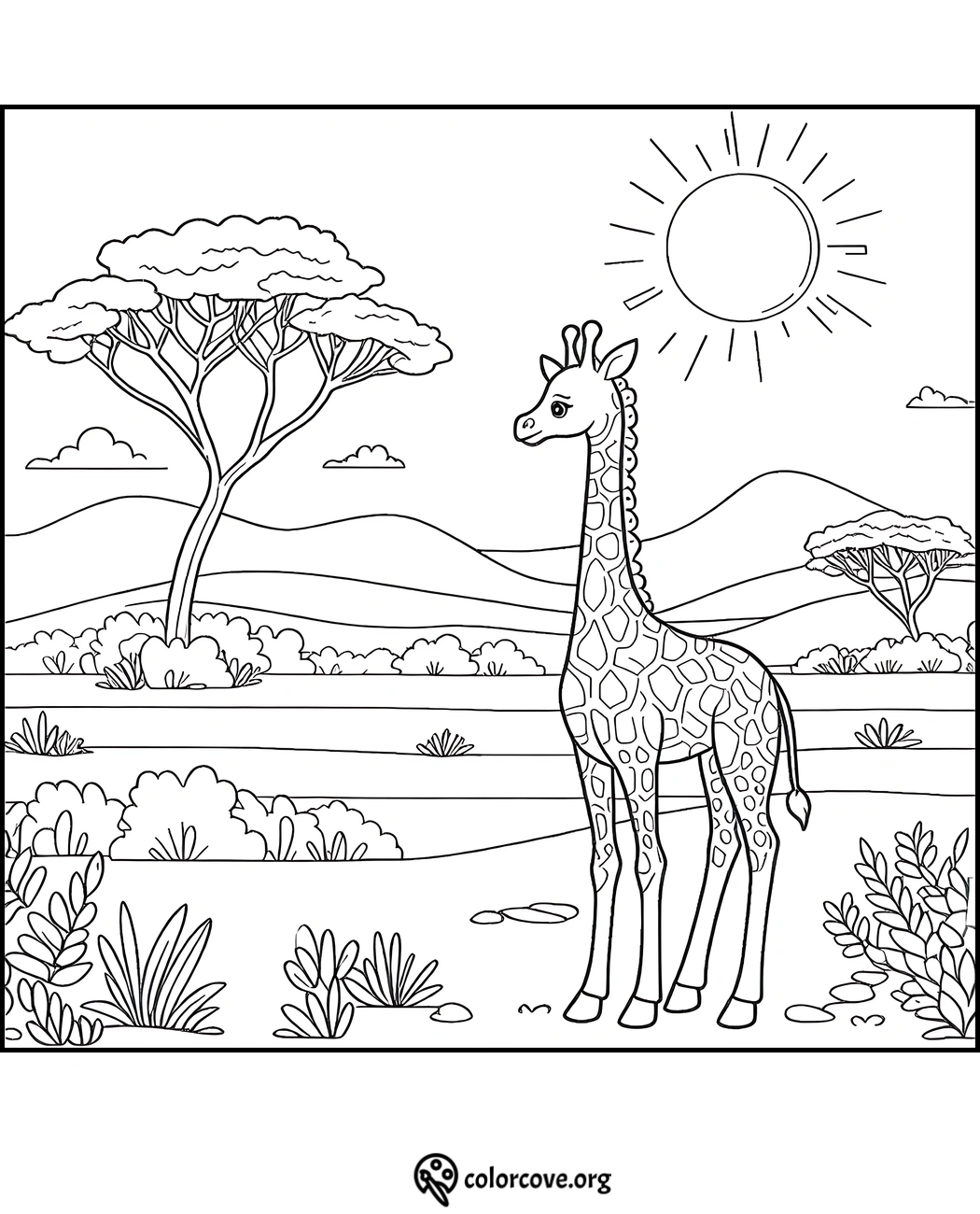 Giraffe coloring page for kids with a savanna backdrop, featuring trees, grass, and a sunlit sky.