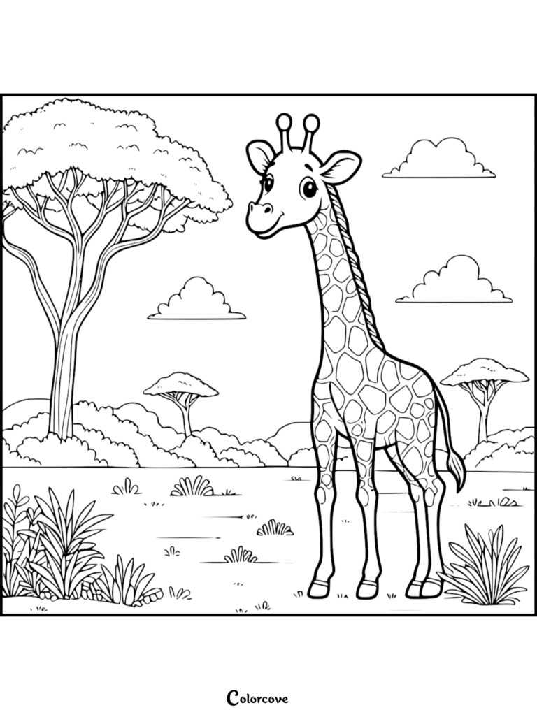 Una linda jirafa de pie en un paisaje de la sabana en la hoja 23 de página para colorear gratuita para imprimir.