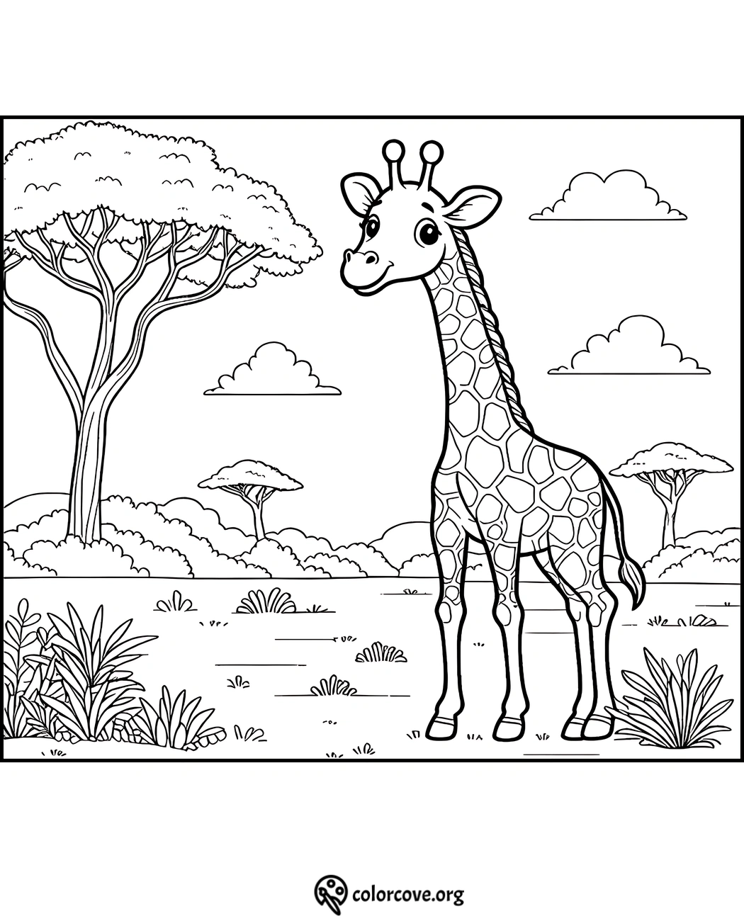 Coloring page featuring a cute giraffe standing in a picturesque savannah with trees, grass, and clouds in the background.