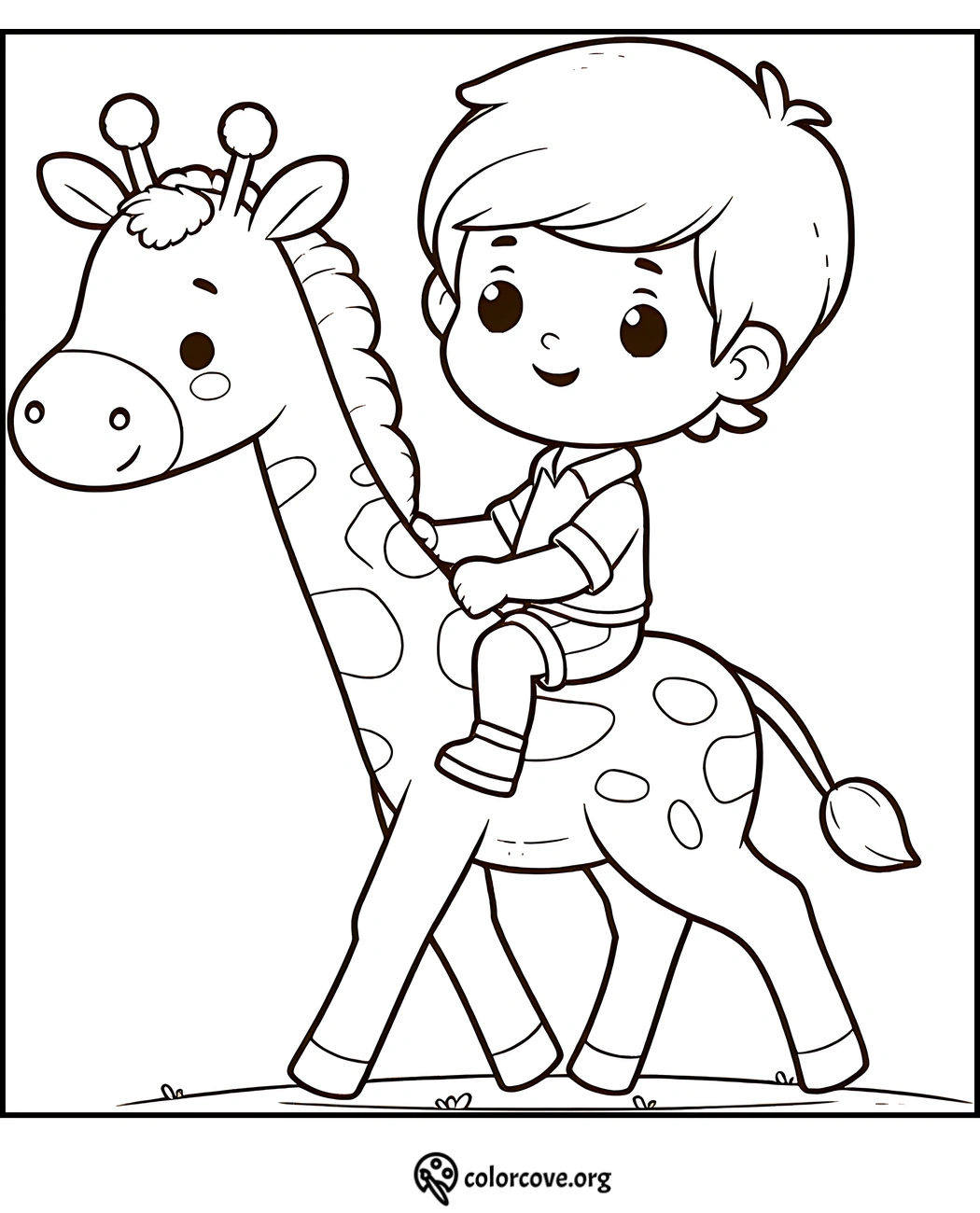 Cute coloring page of a child riding a giraffe; perfect for kids’ fun and creativity.