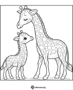 Giraffe coloring page featuring a mother and baby giraffe, perfect for kids' activities and learning nature concepts.