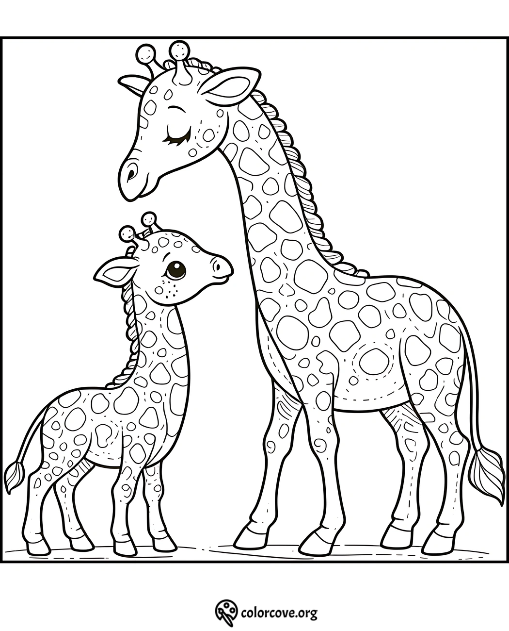 Giraffe coloring page featuring a mother and baby giraffe, perfect for kids' activities and learning nature concepts.