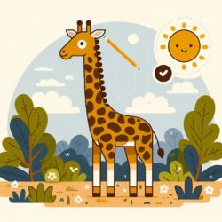 a giraffe standing in a field with trees and plants