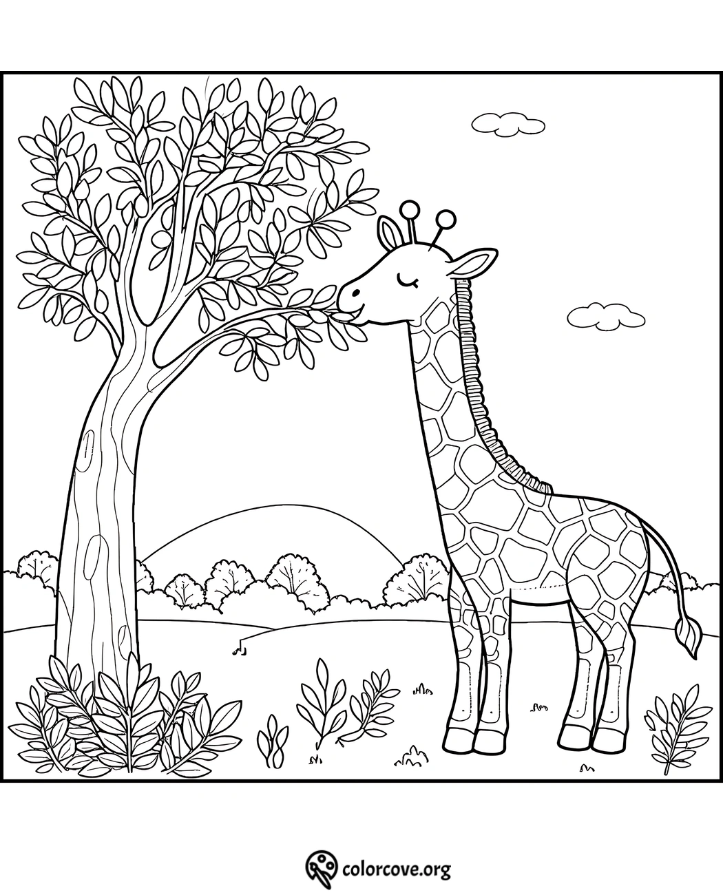 Coloring page of a giraffe eating leaves from a tree, with hills, bushes, and clouds in the background.