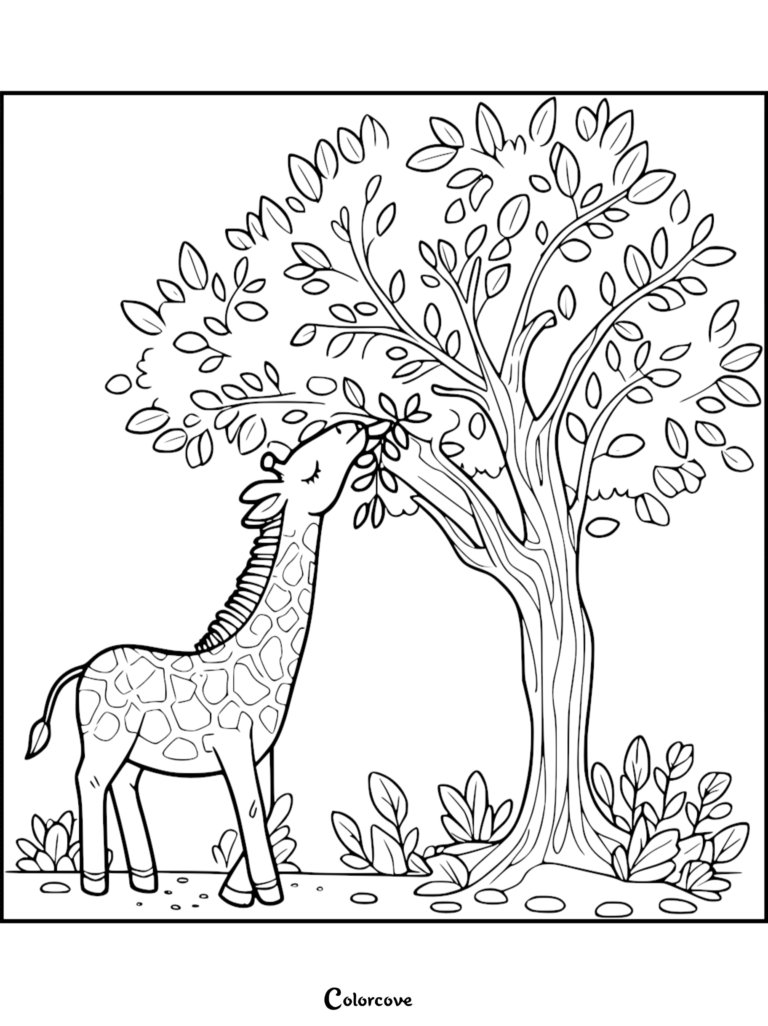 Una linda jirafa comiendo hojas de un árbol alto en esta hoja 27 de página para colorear imprimible.
