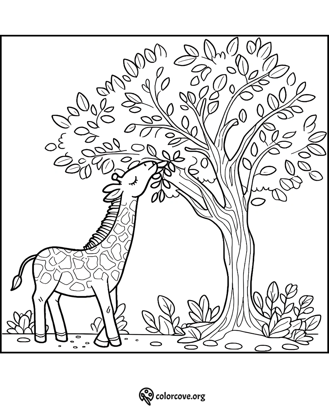 Printable giraffe coloring page for kids, featuring a giraffe eating leaves from a tree in a nature scene.