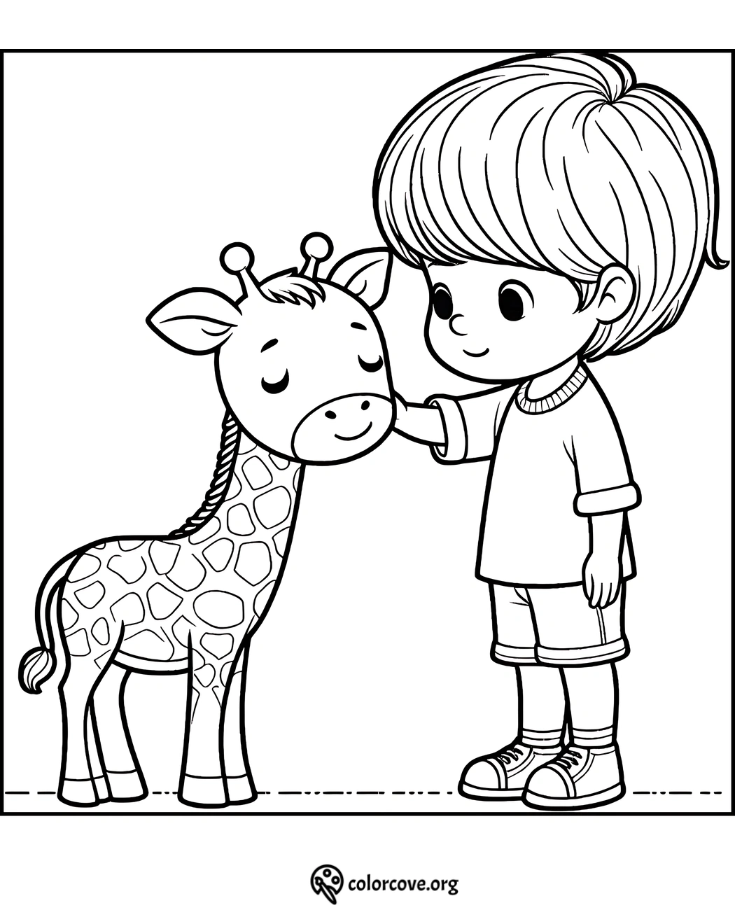 Child petting a giraffe coloring page - Printable kids activity sheet for fun and creative coloring time.