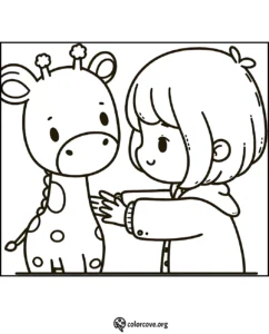 Child hugging giraffe coloring page for kids. Download and print free animal themed coloring sheets at ColorCove.org.